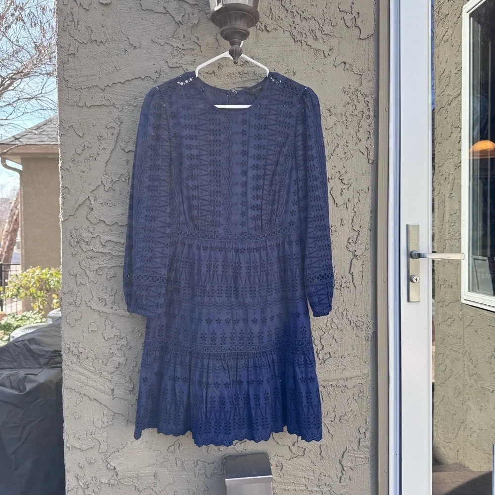 J.Crew navy blue eyelet long-sleeve flutter hem dress 100% cotton